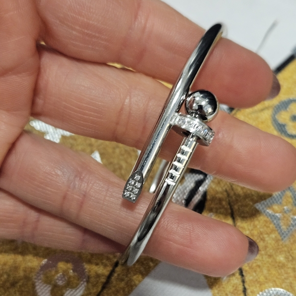 NEW Stainless Steel Silver-Tone Bent Nail Bangle Bracelet with Crystal Accents - Picture 4 of 6